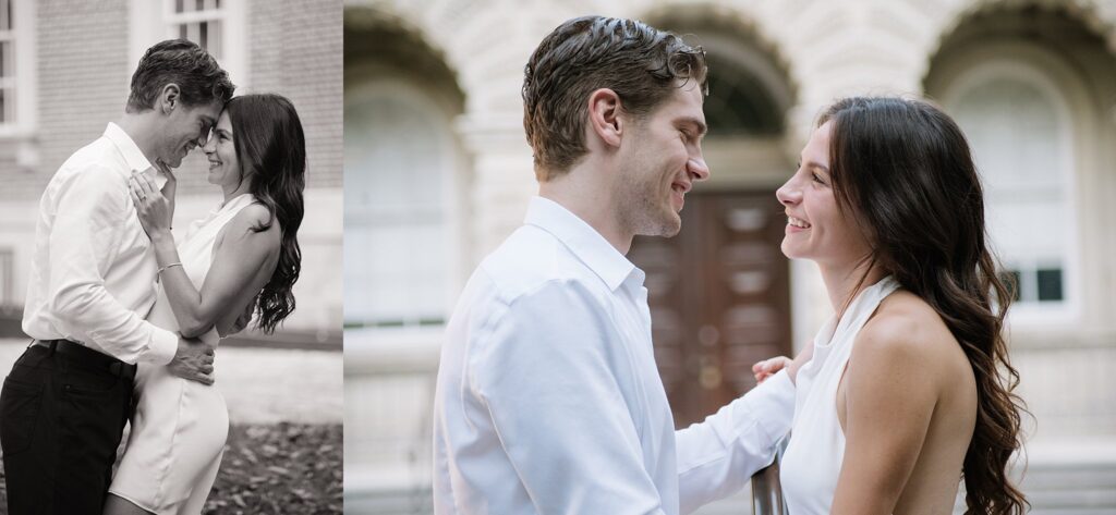 Couple taking engagement photos outside Osgoode Hall Downtown Toronto