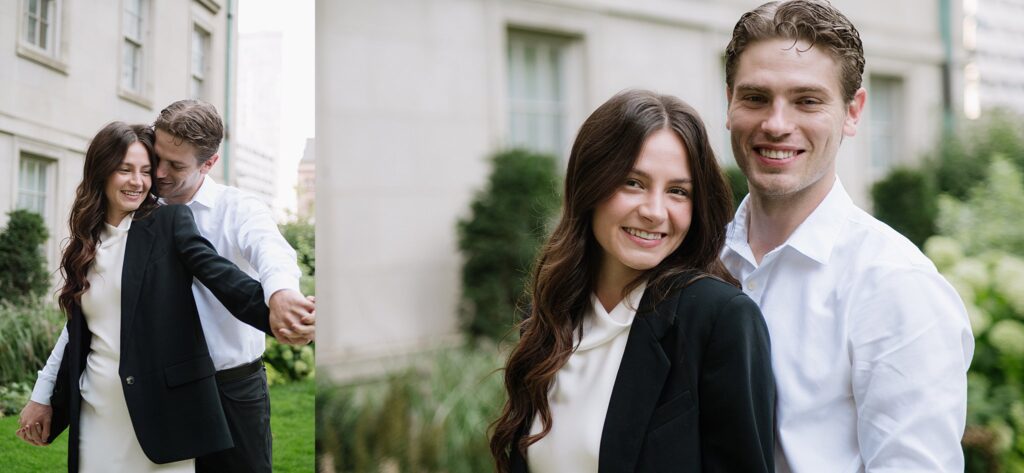 Couple taking engagement photos outside Osgoode Hall Downtown Toronto