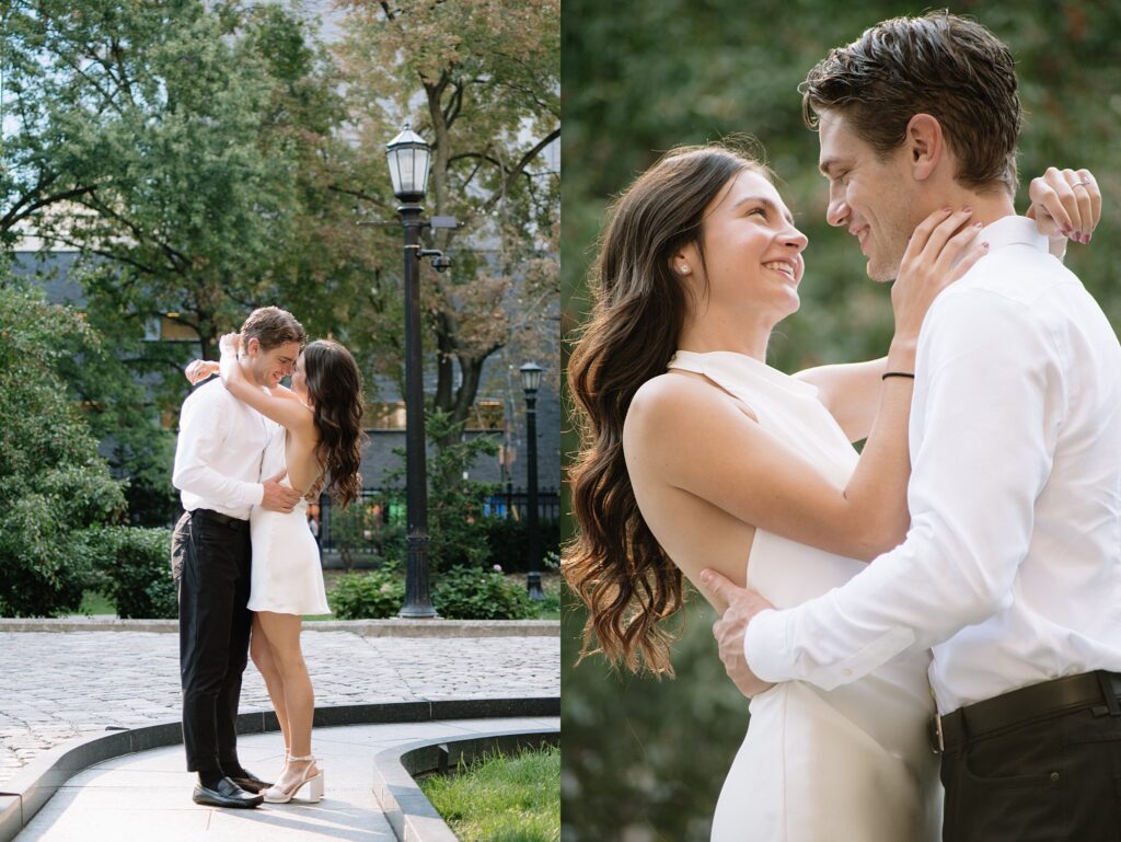 Couple taking engagement photos outside Osgoode Hall Downtown Toronto
