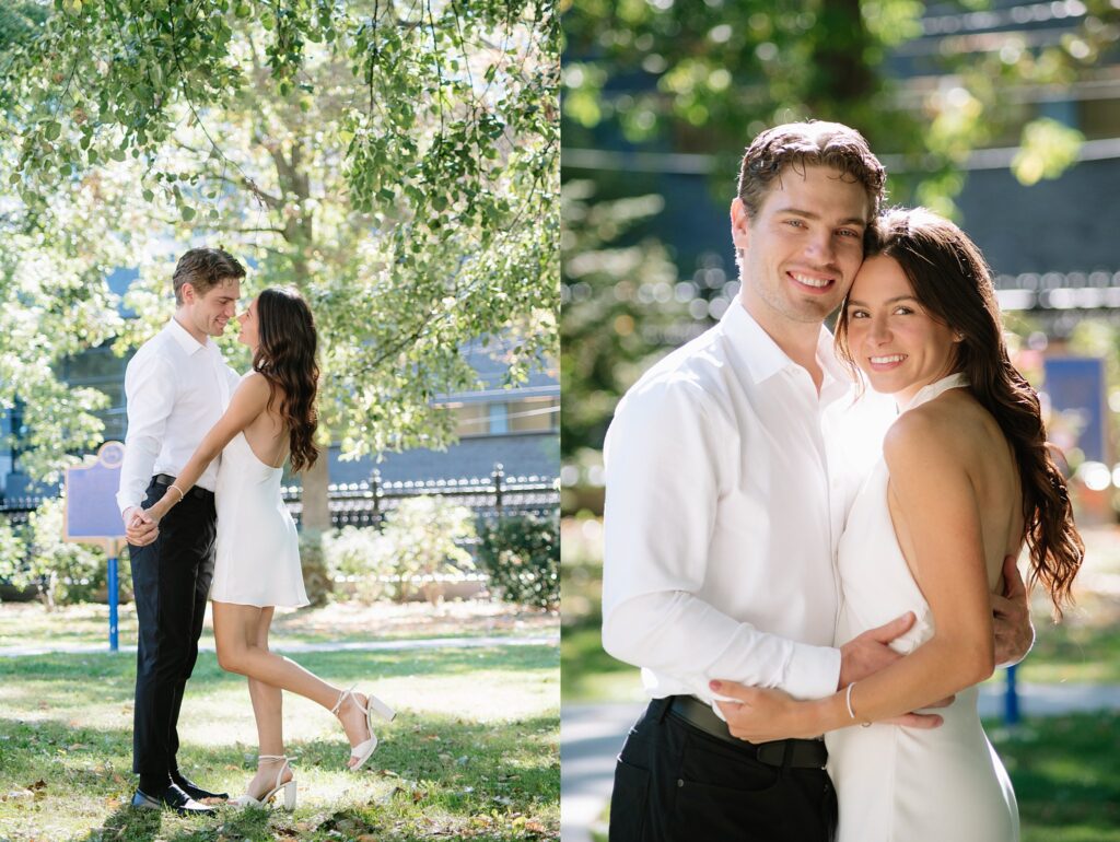 Couple taking engagement photos outside Osgoode Hall Downtown Toronto