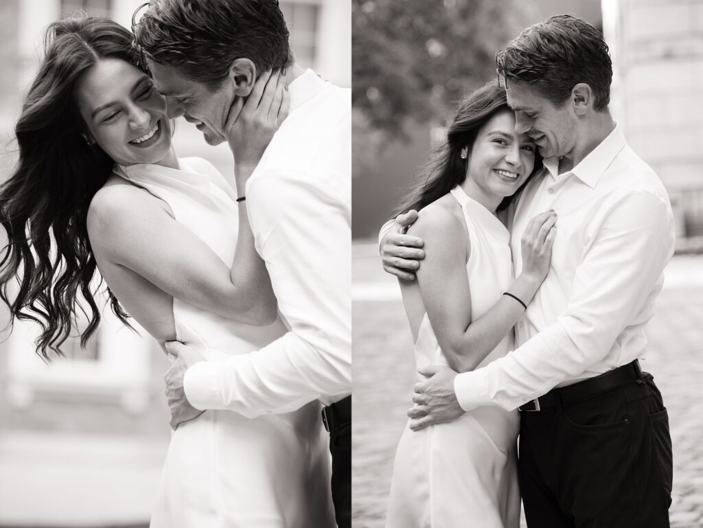 Couple taking engagement photos outside Osgoode Hall in Downtown Toronto