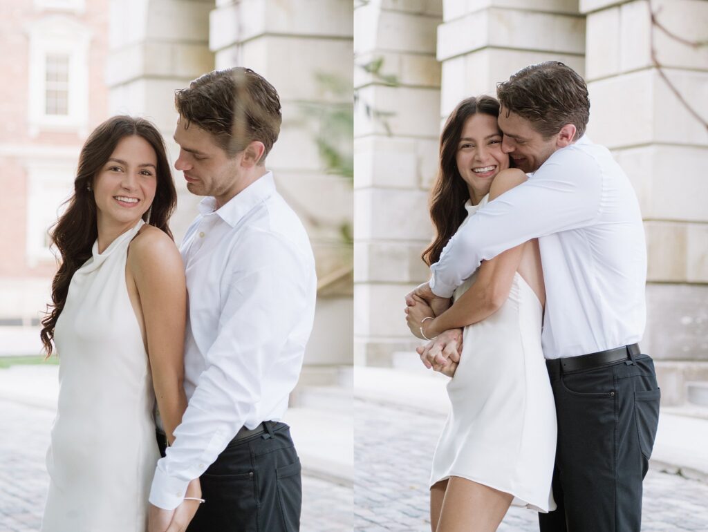 Couple taking engagement photos outside Osgoode Hall Downtown Toronto